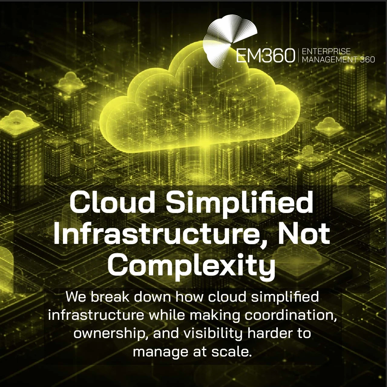 Yellow-toned digital illustration of a glowing cloud above a network of connected systems and servers, with overlaid text reading “Cloud Simplified Infrastructure, Not Complexity” and a subtitle about coordination, ownership, and visibility challenges, alongside the EM360 Enterprise Management 360 logo.