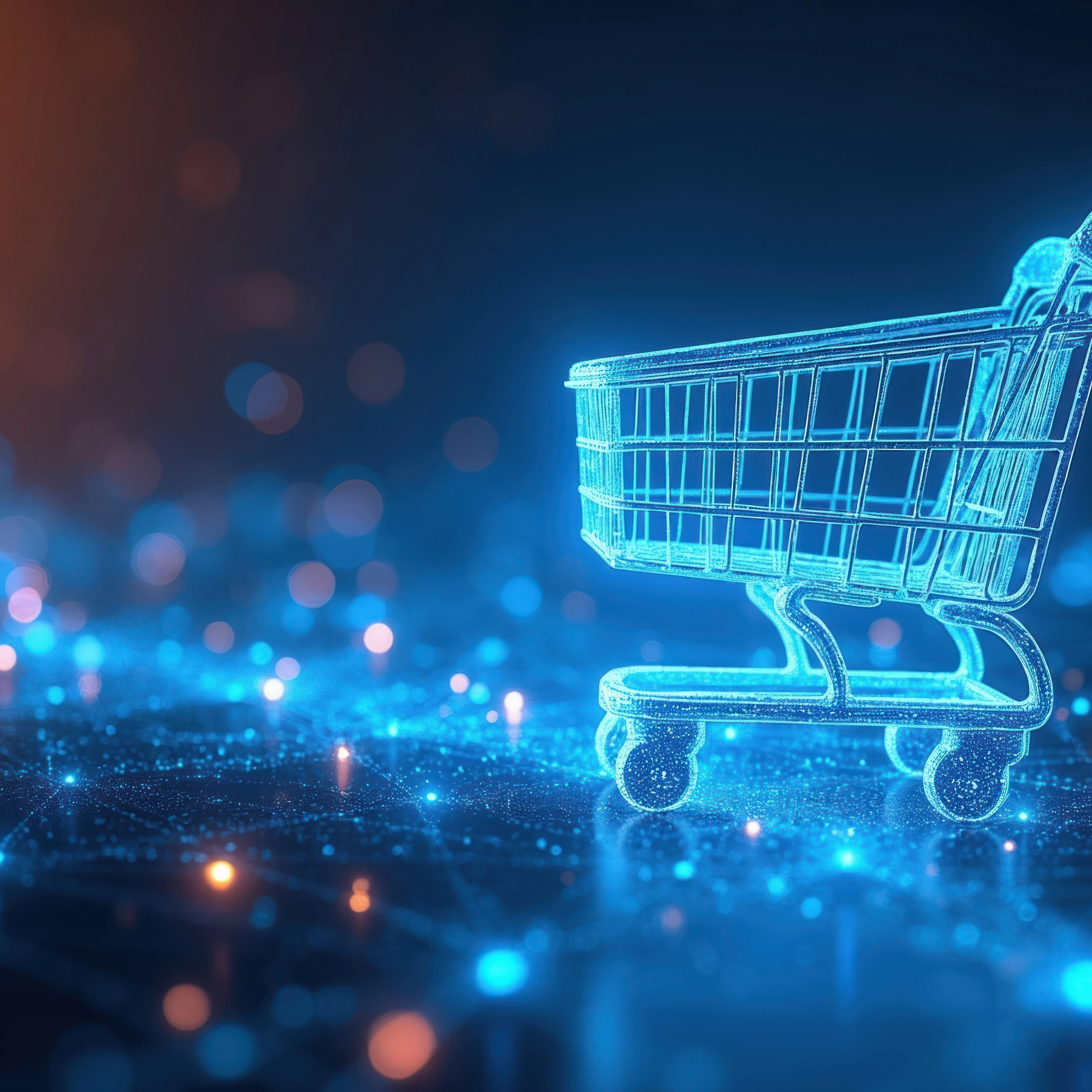 supermarket trolly in tech neon colours representing french supermarket cyber attack