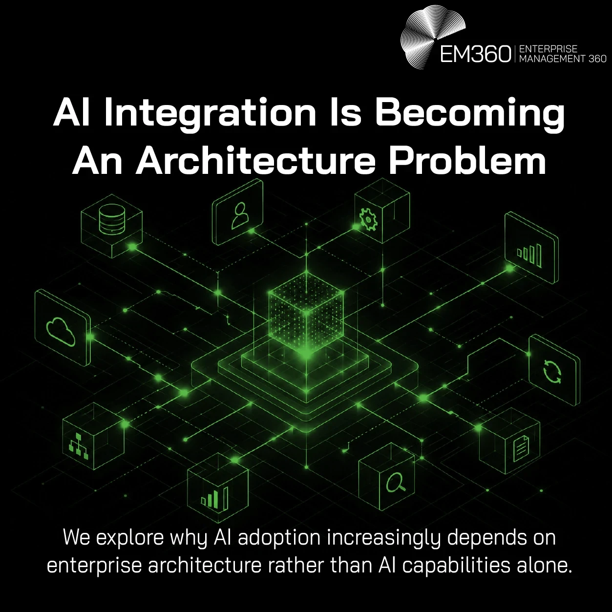 Header graphic titled “AI Integration Is Becoming An Architecture Problem”. A glowing green digital architecture diagram shows a central AI system connected across a network to cloud services, data, analytics, workflows and other enterprise systems. Supporting text explains that AI adoption increasingly depends on enterprise architecture rather than AI capabilities alone. The EM360 logo appears at the top.