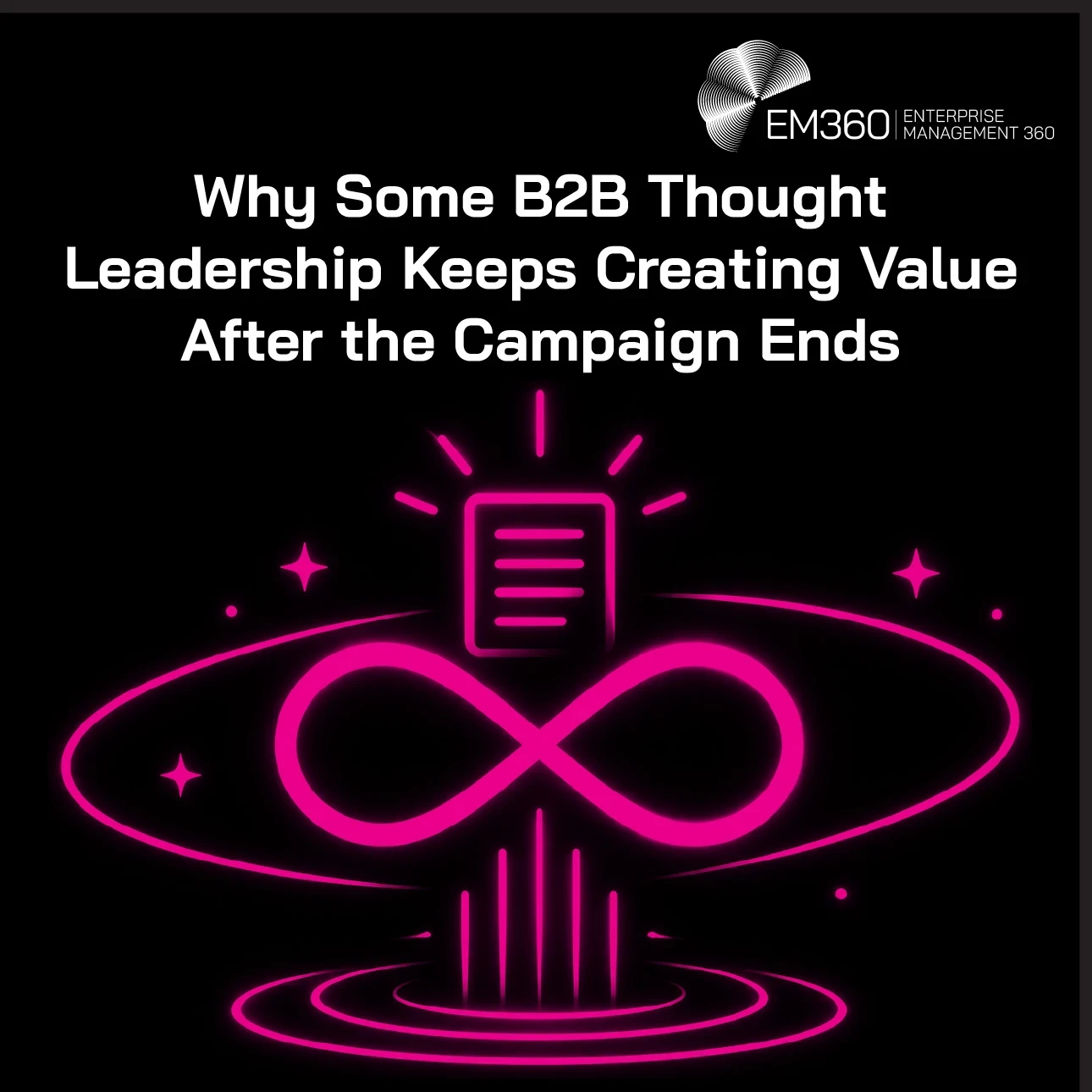 EM360Tech header graphic with the white title “Why Some B2B Thought Leadership Keeps Creating Value After the Campaign Ends” over a glowing deep magenta light bulb floating above a closed report. Thin magenta orbital lines and glowing spheres surround the illustration against a black background, with the white EM360 logo in the top-right corner.