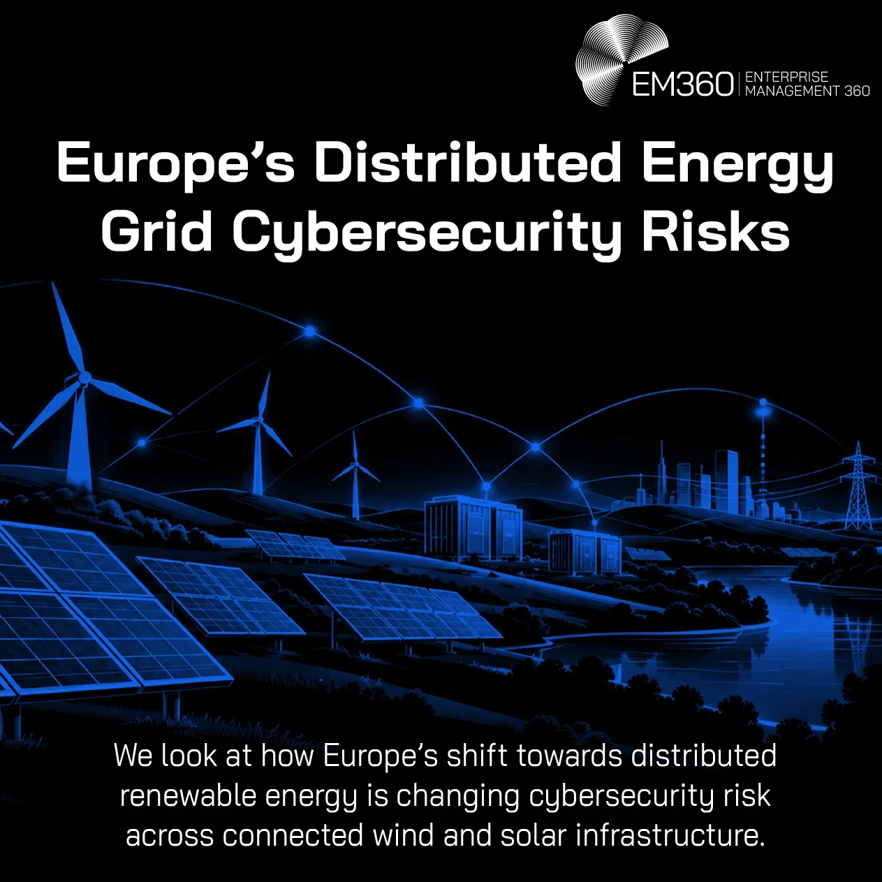 EM360Tech header graphic titled “Europe’s Distributed Energy Grid Cybersecurity Risks”, featuring a glowing electric blue illustration against a black background. Solar panels fill the foreground, with wind turbines, energy storage units, electricity pylons and a distant city skyline connected by illuminated digital network lines. The subtitle reads, “We look at how Europe’s shift towards distributed renewable energy is changing cybersecurity risk across connected wind and solar infrastructure.” The white E