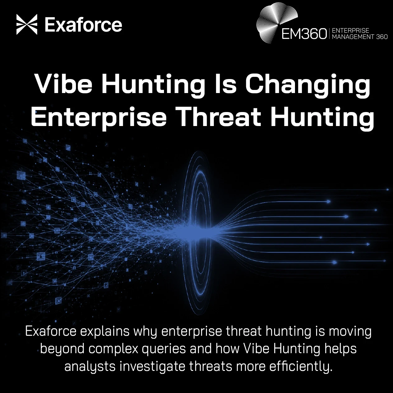 Dark Exaforce and EM360 header image titled “Vibe Hunting Is Changing Enterprise Threat Hunting”. A dense web of blue interconnected data points on the left converges through a glowing central point before becoming a smaller set of organised blue paths extending to the right, visually representing complex security data being transformed into clearer investigation paths. Supporting text explains that enterprise threat hunting is moving beyond complex queries and that Vibe Hunting helps analysts investigate t