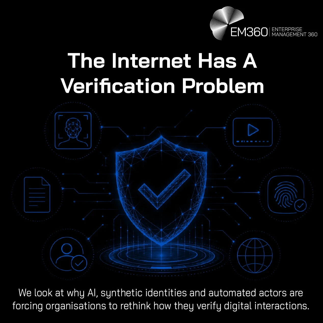 Header graphic illustrating digital verification with a glowing shield and check mark connected to symbols representing facial identity, documents, verified users, digital media, biometrics and the internet. Supporting text explains that AI, synthetic identities and automated actors are forcing organisations to rethink how they verify digital interactions. The EM360 Enterprise Management 360 logo appears at the top right.