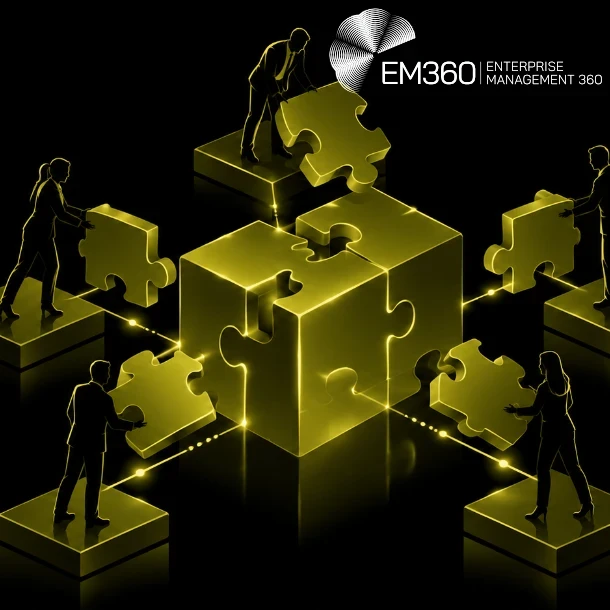 Black header graphic featuring five silhouetted businesspeople outlined in glowing olive yellow, standing on raised platforms and positioning jigsaw pieces around a large central cube. The white EM360 logo and “Enterprise Management 360” appear at the top right. Large, bold white text reads “Why Technology Ownership Doesn't Define Responsibility”, with the subtitle “We look at why technology ownership doesn't tell the whole story and how businesses can work out who's responsible for what.” Both appear over 
