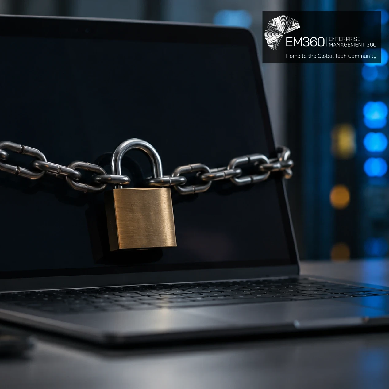 Header graphic showing a dark laptop wrapped in a metal chain and padlock, with blurred blue and amber server lights in the background. Large white text over a translucent black panel reads: “Why We (Temporarily) Took EM360Tech Offline Amid Critical PHP Security Warnings”, with EM360TECH branding above.