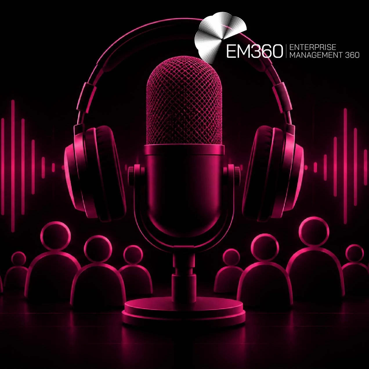 EM360Tech article header with the white title “Your B2B Podcast Doesn't Need Millions Of Listeners To Be Valuable” over a black background. A large studio microphone with headphones sits centrally, surrounded by magenta audio waveforms and rows of stylised audience figures. The white EM360 logo appears in the upper-right corner.