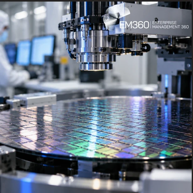 EM360Tech header graphic showing a semiconductor manufacturing facility, with a large iridescent silicon wafer beneath metallic machinery and a blurred technician in white protective clothing on the left. The image has cool blue-grey tones, with blue, green and gold reflections on the wafer. A white EM360 Enterprise Management 360 logo appears at the top right. Large white text reading “EM360TECH” and “Samsung Warns AI Chip Shortages Will Worsen” overlays the lower half on a semi-transparent black rectangle