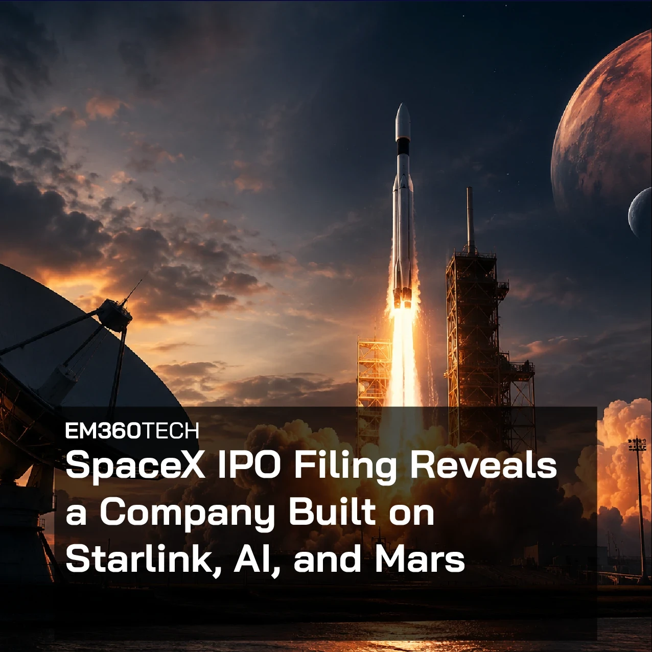 graphic for an EM360Tech article titled “SpaceX IPO Sends Elon Musk Past $1 Trillion.” A large portrait of Elon Musk dominates the left side of the image, looking upward against a dark, dramatic sky. On the right, a rocket launches from a pad with bright orange flames and smoke, rising above a city skyline at dusk. Transparent stock market candlestick charts and trend lines are overlaid across the scene, symbolising financial growth and investor activity. The article title appears in large white text 