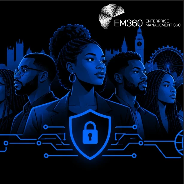 EM360Tech header graphic on a black background, featuring a blue (#186aff) illustration of six Black professionals, London landmarks including Big Ben and the London Eye, and cybersecurity symbols including a padlock, shield and circuit lines. Large white text reads “10 Black Entrepreneurs Shaping UK Cybersecurity”, with the subtitle “We spotlight 10 Black entrepreneurs and their UK businesses making a difference in cybersecurity and beyond.” The white EM360Tech logo appears in the top-right corner.