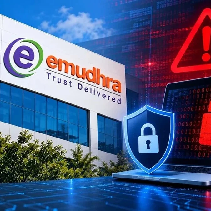 The eMudhra logo and slogan on the side of a building with a laptop showing a compromised lock.