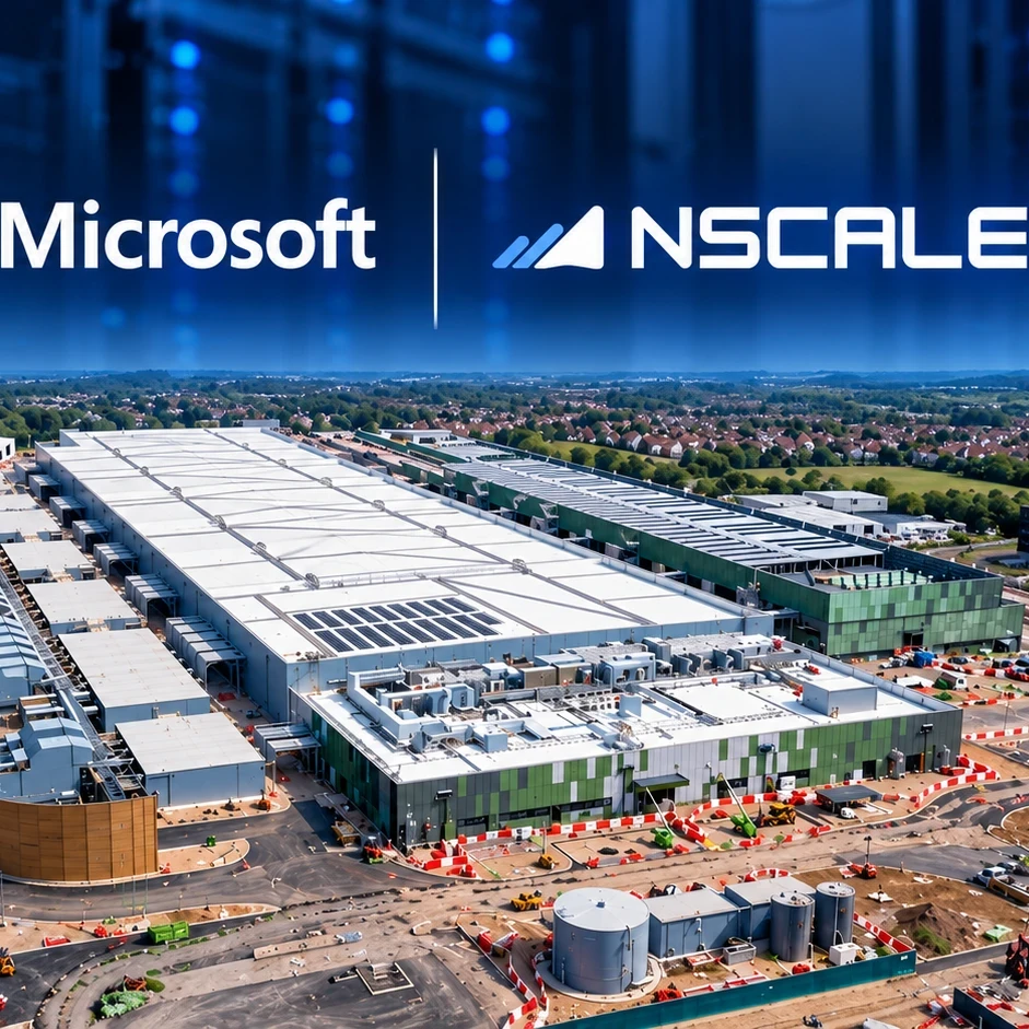 A composite image of the Microsoft and Nscale logo alongside a data centre construction site.