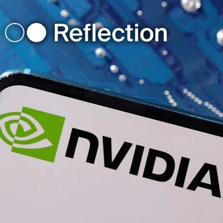 The Nvidia logo on a smartphone screen and the Reflection AI logo at the top overlaid on a blue circuit board.