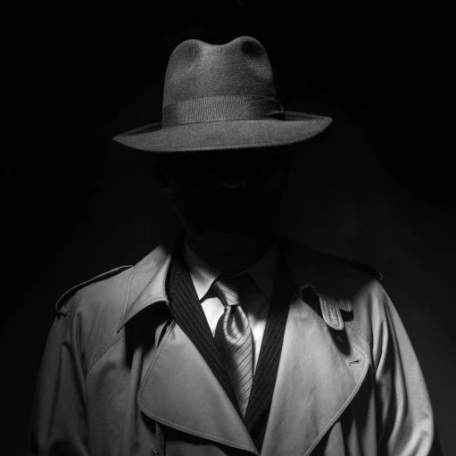 Mysterious spy lurking in the shadows in a trench coat.