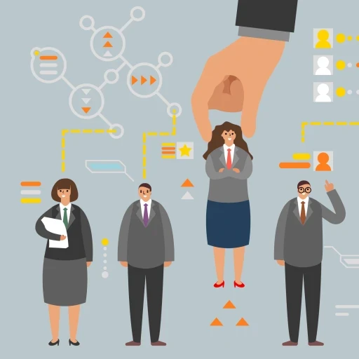 A row of animated businesspeople with icons of data on top of their heads.