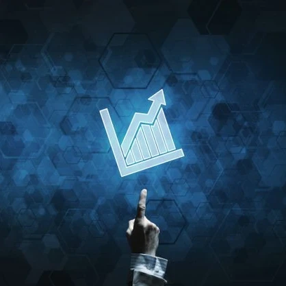 Hand holding up an animated graph against a honeycomb background.
