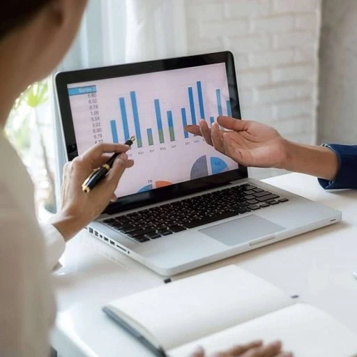 Two people sitting at a desk pointing at a laptop screen with graphs on it.