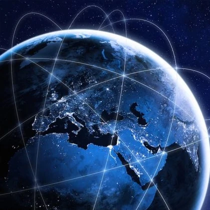 An image of the Earth showing connectivity between countries and cities around the globe