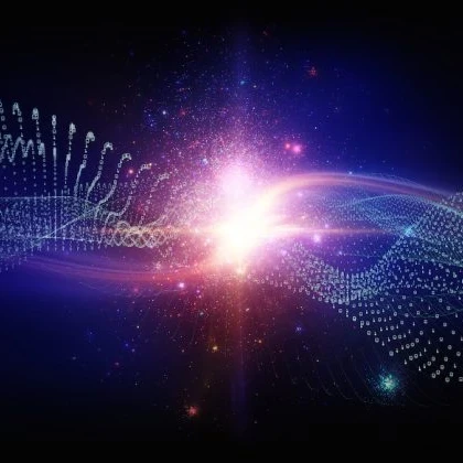 A bright light with data streams coming from the center