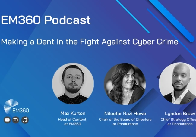 Profile pictures of Max Kurton, Niloofar Razi Howe and Lyndon Brown for the "Making a Dent in the Fight Against Cyber Crime" podcast.