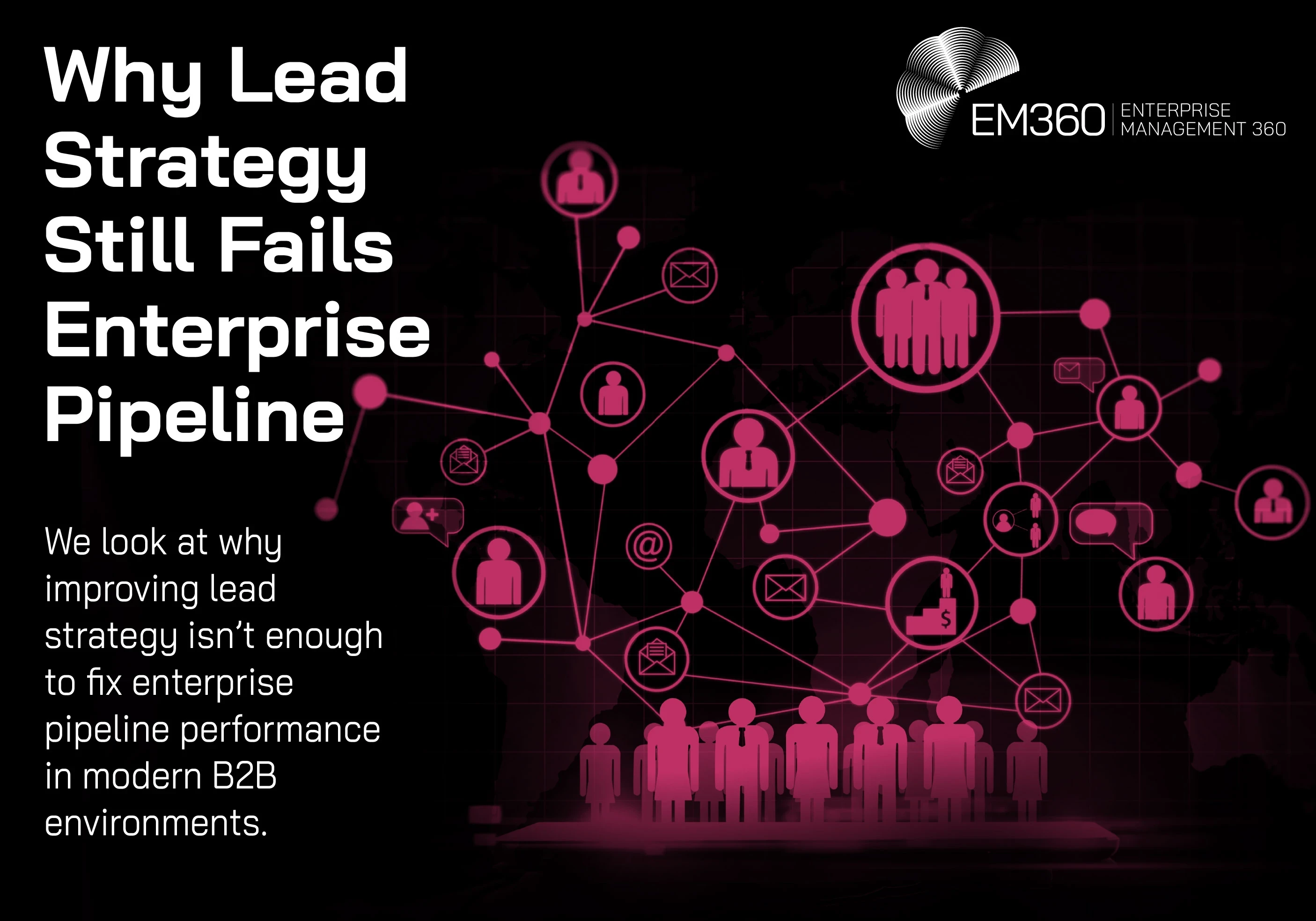Dark-themed header graphic with pink network connections linking icons of people, messages, email, and finance across a world map. A group of business figures stands at the bottom, representing enterprise buyers. Text reads: &ldquo;Why Lead Strategy Still Fails Enterprise Pipeline&rdquo; and &ldquo;We look at why improving lead strategy isn&rsquo;t enough to fix enterprise pipeline performance in modern B2B environments.&rdquo; EM360 Enterprise Management 360 logo appears in the top right.